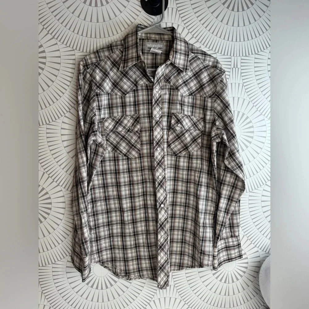 Wrangler Wrancher Shirts‎ Men’s Pearl Snap Closure Size MEDIUM Brown Plaid